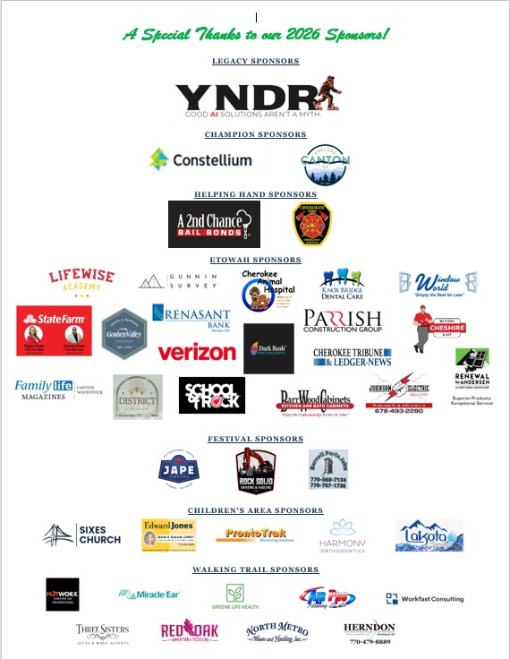 2026 Riverfest sponsor thank-you flyer, listing local business logos grouped by tier: Legacy, Champion, Helping Hand, Etowah, Festival, Children's Area, and Walking Trail sponsors.